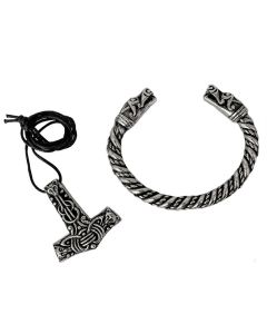 Viking Dragon Bracelet and Hammer Pendant Set